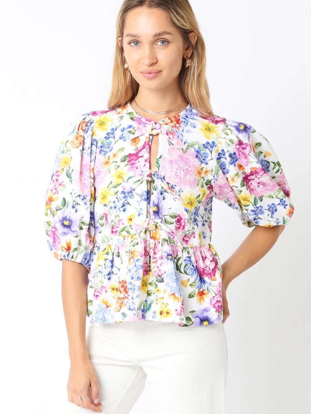 OLIVACEOUS Tie-Front Peplum Top